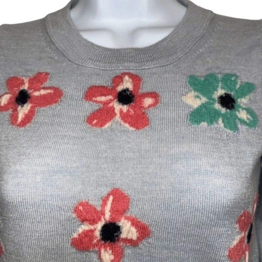 J. CREW 100% Merino Wool Tippi 3/4 Sleeve Crewneck Sweater Graphic Floral EUC XS